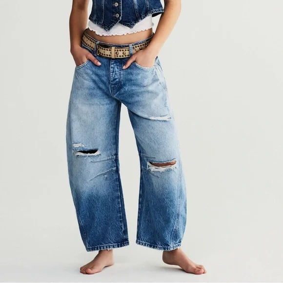 Free People Good Luck Mid-Rise Barrel Jeans in Barnyard Blue - Picture 6 of 13